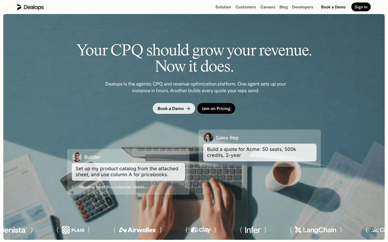 Dealops home page: "Your CPQ should grow your revenue. Now it does." with agent chat bubbles