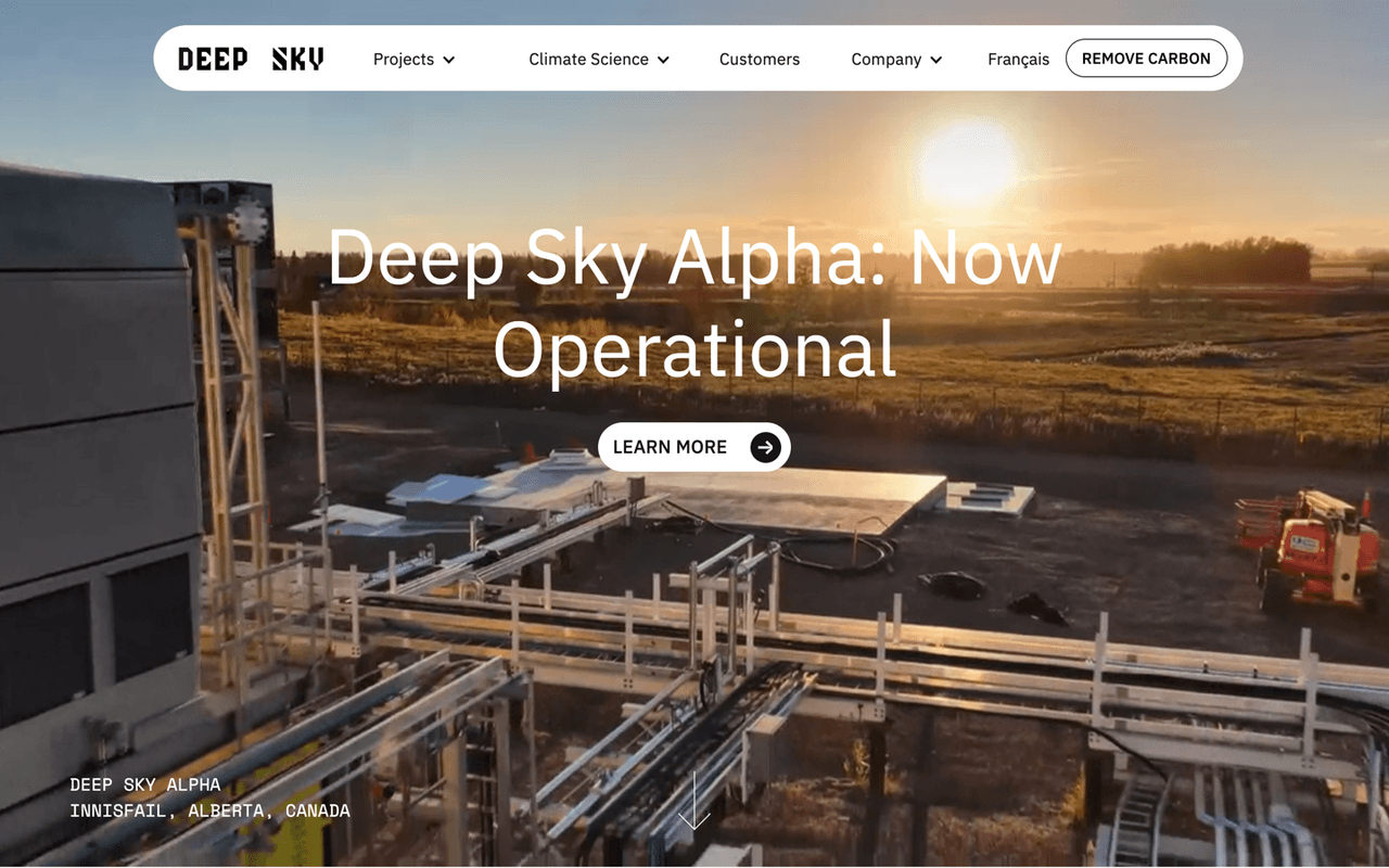 Deep Sky home page: "Deep Sky Alpha: Now Operational" over the Alberta carbon removal site at sunrise